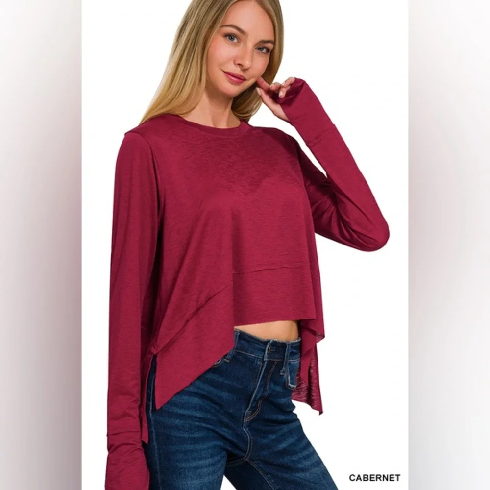 Zenana SHARK BITE SIDE SLIT LONG SLEEVE TOP - Picture 3 of 3